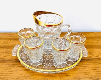 Mid Century Jeannette Thumbprint Juice Set, 6 Piece 22K Gold Trim Thumbprint Juice Set, Complete Juice Set With Tray Pitcher & 4 Glasses