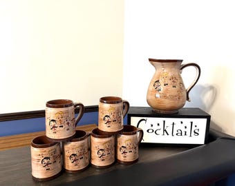 7 Piece MidCentury "Sweet Adeline" Nasco Del Coronado Hand Painted Barbershop Quartet Drinkware Set