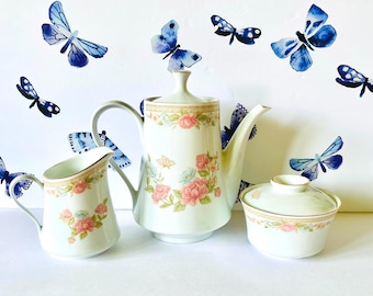 Fairfield Symphony Vintage Tea Set, Floral Coffee Service, Butterfly Teapot Creamer and Sugar Bowl, Coffee/Tea Service Butterflies & Flowers