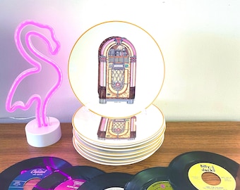 Set of 8 Jim L Wells Jukebox Plates, Wurlitzer Model 1015 Plates, Jim L Wells When A Nickel Bought Dreams Plates, Jukebox Diner Plates
