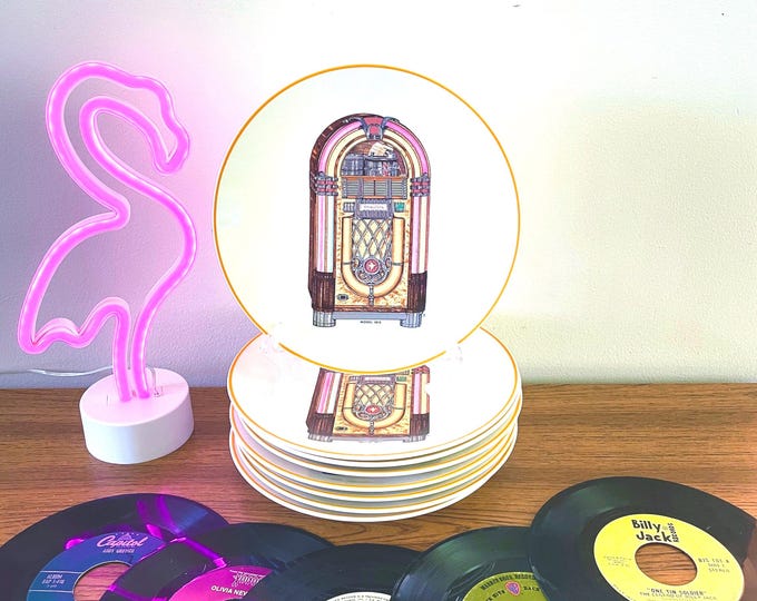 Featured listing image: Set of 8 Jim L Wells Jukebox Plates, Wurlitzer Model 1015 Plates, Jim L Wells When A Nickel Bought Dreams Plates, Jukebox Diner Plates