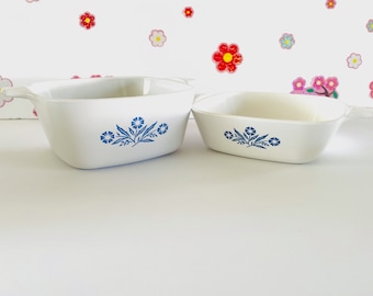 2 Vintage Corning Ware Cornflower Blue Petite Baking Dishes, Corning P-43 and P-41 Casseroles, Small Blue Cornflower Casseroles