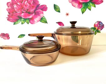 2 Corning Amber Visions Saucepans With Lids, Pyrex Corning Visions Cookware, Pyrex/Corning Amber Visions 1.5 Liter and .5 Liter Saucepans