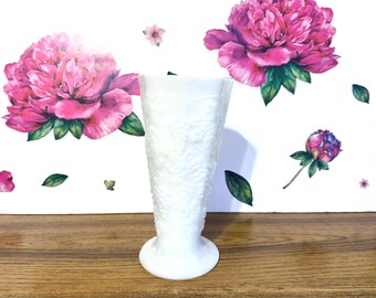 Anchor Hocking Milk Glass Vase, Vintage Footed Grape Design (9.5")