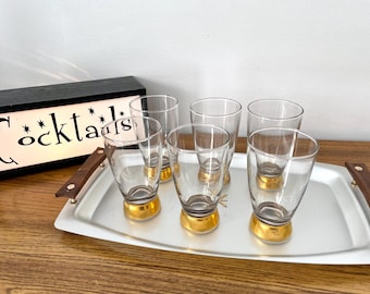 Set of 6 Vintage Half Pint Gold Trim Beer Glasses, Tabla Home Classic Touch Gold Bottom Glasses, 6 Mid Century 8 Ounce Gold Base Tumblers