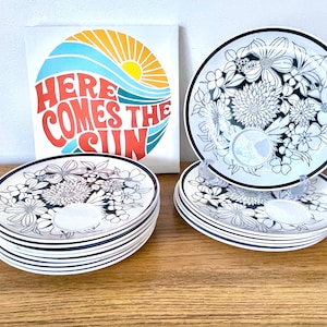 Mid Century Mikasa Bouquet Plates, 6 or 8 Mid Mod Black & White Cera-Stone Bouquet Luncheon Plates,  Cera Stone Jonas Roberts Snack Plates