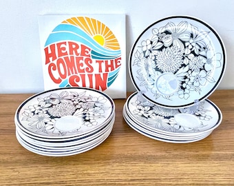 Mid Century Mikasa Bouquet Plates, 6 or 8 Mid Mod Black & White Cera-Stone Bouquet Luncheon Plates,  Cera Stone Jonas Roberts Snack Plates