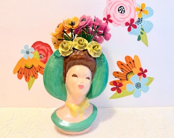 Mid Century Hand Painted Kaye Of Hollywood Green Wall Pocket Head Vase