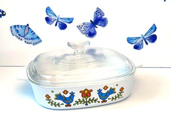 Corning Country Festival 8.5" Square Covered Casserole & Lid, Corning Ware Blue Bird Covered Dish, Corning Country Festival Baking Pan
