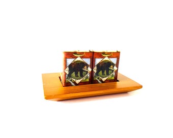 Vintage Wildlife Salt and Pepper Shakers with Wooden Tray