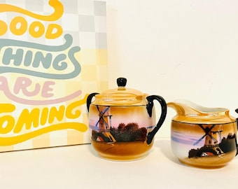 Vintage Windmill Lusterware Cream and Sugar Set - Chikaramachi Japan