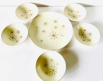 Royal China Star Glow Dessert Set: Mid Century Atomic Starburst Plate & Bowls