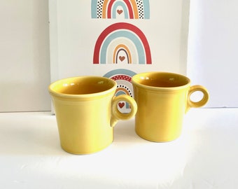 Pair Yellow Fiesta Mugs, 2 Sunny Yellow Homer Laughlin Fiesta Coffee Cups, Two Yellow Ring Handle Fiesta Coffee Mugs