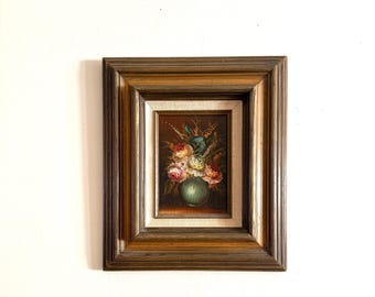 Vintage Floral Oil, Classic Still Life Painting, Signed | Framed Wood Layered, 14x12 Frame Over 7x5 Canvas