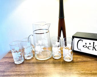 Mid Century Etched Rose Glass Pitcher Set: Gold Trim Beverage Service