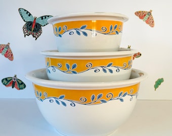 Complete Set Vintage Corning Casa Flora Mixing Bowls, 3 Corelle Nesting Bowls, Corelle Coordinates Casa Flora Mixers