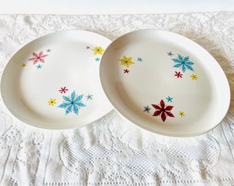 Rare Pair W.S. George Mulby StarGlow Dinner Plates, Mid Century Modern WS George Atomic Flower Dinner Plates