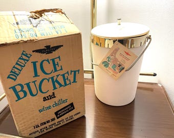 Mid Century Modern Plas-Tex Ice Bucket Wine Chiller, White With Gold Trim Double Walled Tall Ice Bucket, Mid Mod White & Gold Ice Bucket