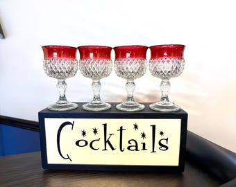 4 Indiana Glass Diamond Point Ruby Flash Wine Glasses