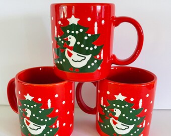 3 Red Christmas Goose Coffee Cups, Waechtersbach Style Christmas Tree Mugs, Vintage Red and Green Coffee Mugs, Double Sided Christmas Mugs