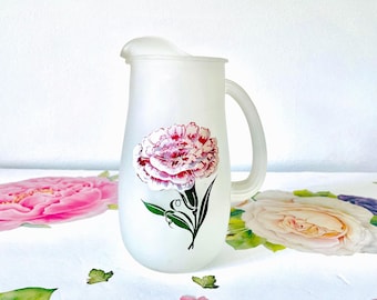 Hand Painted Hazel Atlas Carnation Pitcher, Hand Painted Juice Carafe, Gay Fad Floral Juice Pitcher, Mid Century Frosted Glass Pitcher
