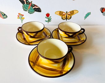 Organdie Metlox Poppytrail Vernon Cups and Saucers, Organdie Vernon Ware Brown & Yellow Plaid Cups and Saucers