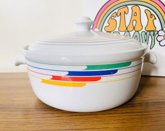 Studio Nova Hi-Fi Covered Casserole, Rainbow Art Deco Covered Baking Dish, Retro 1980's Casserole, Art Deco 3 Quart Covered Casserole Dish