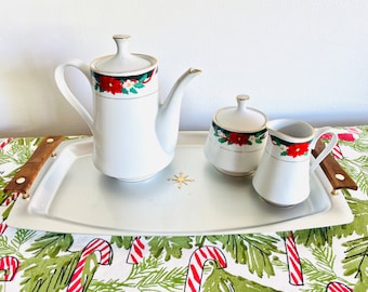 Vintage Deck The Halls Tienshan Tea Set, Poinsettia Coffee Service, Christmas Teapot Creamer and Sugar Bowl, Christmas Tea Set