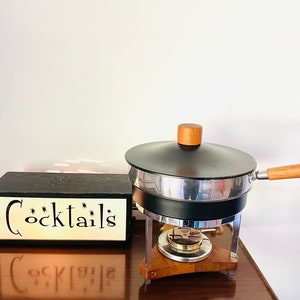 Groovy Mid Century Modern Fondue/Chafing Dish, Atomic Chafing Dish, Mid Mod Fondue Pot, Stainless Steel and Teak Fondue Pot/Chafing Dish