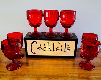 7 Viking Georgian Ruby Water Goblets, Bright Ruby Red 10 Ounce Honeycomb Water Goblets