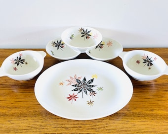 6 Piece Lot Shenango Calico Leaves, Peter Terris Calico Leaves Cereal Bowls and Platter, Atomic Flowers Abstract Mid Century Modern Dishes