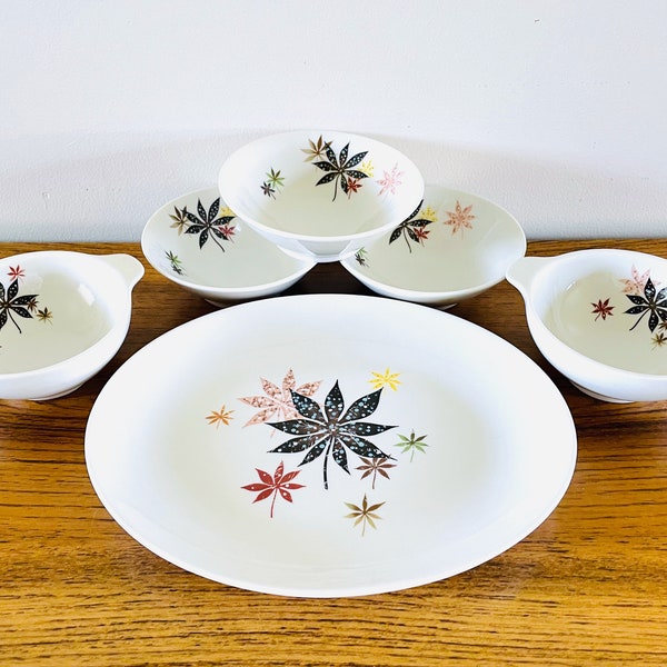 6 Piece Lot Shenango Calico Leaves, Peter Terris Calico Leaves Cereal Bowls and Platter, Atomic Flowers Abstract Mid Century Modern Dishes