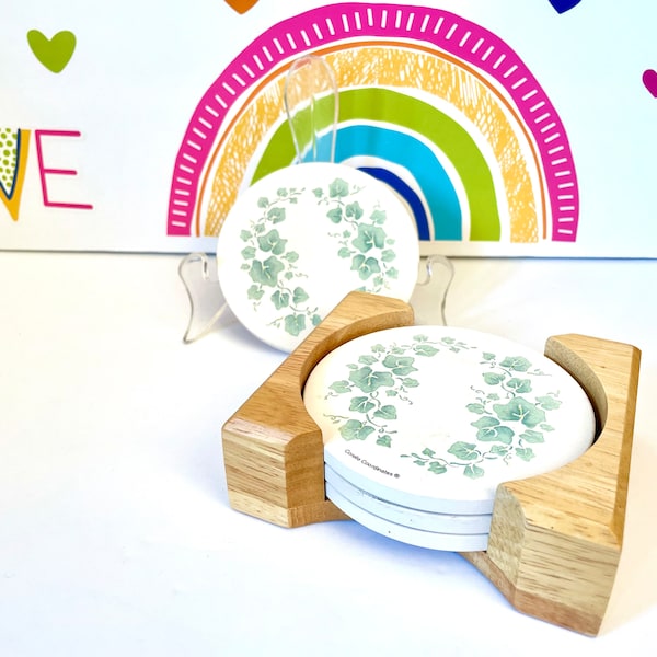 Set of 4 Corelle Coordinates Callaway Coasters, Vintage Corning Stoneware Coasters, Corning Ivy Coasters and Wooden Caddy