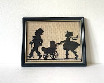 Victorian Couple With Baby Carriage Cross Stitch, Silhouette Cross Stitch, Handmade Nostalgic Cross Stitch, Completed Framed Cross Stitch