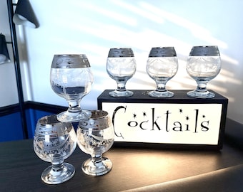 6 Vintage Gus-Khrustalny Cognac Glasses, Russian Etched Crystal And Platinum Brandy Snifters