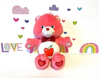 Rare Care Bear Smart Heart Bear, Care Bears Talking Bear, Pink Battery Operated Care Bear, 13" Talking Care Bear Smart Heart With Apple