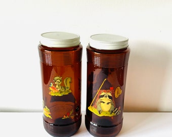 Vintage Anchor Hocking Brown Glass Storage Jars, Root Beer Glass Jars, Forest Animals Brown Jars, Brown Glass Canisters