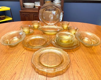 20 Piece Lot Federal Glass Patrician Amber, Federal Patrician Cups & Saucers, Patrician Luncheon Plates, Federal Patrician Vegetable Bowls