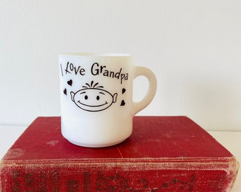 I Love Grandpa Milk Glass Mug, Hazel Atlas Milk Glass Mug, Hazel Atlas I love Grandpa Mug, I Love Grandpa Coffee Cup