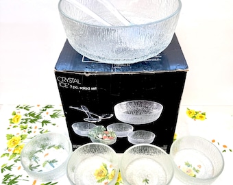 Vintage Indiana Glass Crystal Ice Salad Set-7 Pieces New In Box