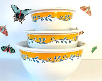 Complete Set Vintage Corning Casa Flora Mixing Bowls, 3 Corelle Nesting Bowls, Corelle Coordinates Casa Flora Mixers