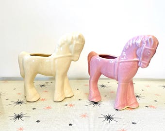 Two Vintage Ceramic Horse Planters, Mid Century Pink and White Planters, 1950's Horse Planters, Pair Mid Century Modern Horse Planters