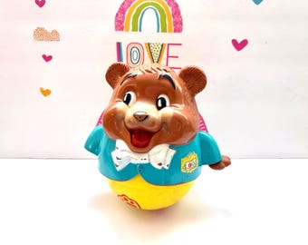 Vintage 1969 Fisher-Price Chubby Cub Roly Poly Chime Ball, Blue Jacket Bear, Plastic Collectible - 8.5in H, 10.5in W