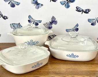 3 Corning Cornflower Blue Covered Casseroles, 3 Corning Ware Covered Casseroles,  Cornflower P-1 3/4-B, Cornflower P-7-B, Cornflower P-9-B