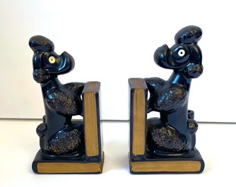 Mid Century Poodle Pen Holder Bookends, Vintage 1950s Black Ceramic Poodle Bookend Pen Holder Set, Kitschy Black and Gold Poodle Bookends