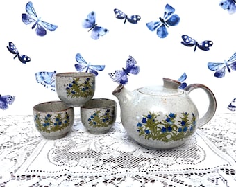 Vintage Speckled Takahashi Japanese Blue Floral Tea Set, Teapot and 3 Cups