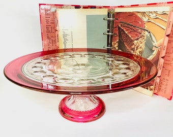 King's Crown Ruby Flashed Pedestal Cake Stand, Tiffin-Franciscan Ruby Thumbprint Cake Stand, Cranberry Flash Glass Cake Plate