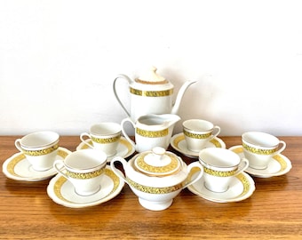 Vintage Cmielow Gilded Porcelain Coffee Service, Yellow Band With Gold Overlay Tea Service For 6, Complete 1930s Cmielow Coffee/Tea Service