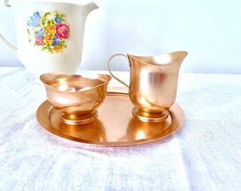 3 Piece Color Craft Anodized Aluminum Cream and Sugar, Copper Colored Aluminum Creamer & Sugar Bowl With Tray, Small Cream and Sugar Set