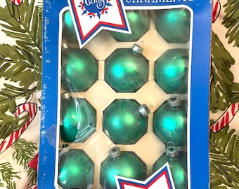 12 Coby Green Satin Finish Glass Christmas Ornaments, Mid Century Christmas Balls, Vintage Made in USA Christmas Ornaments